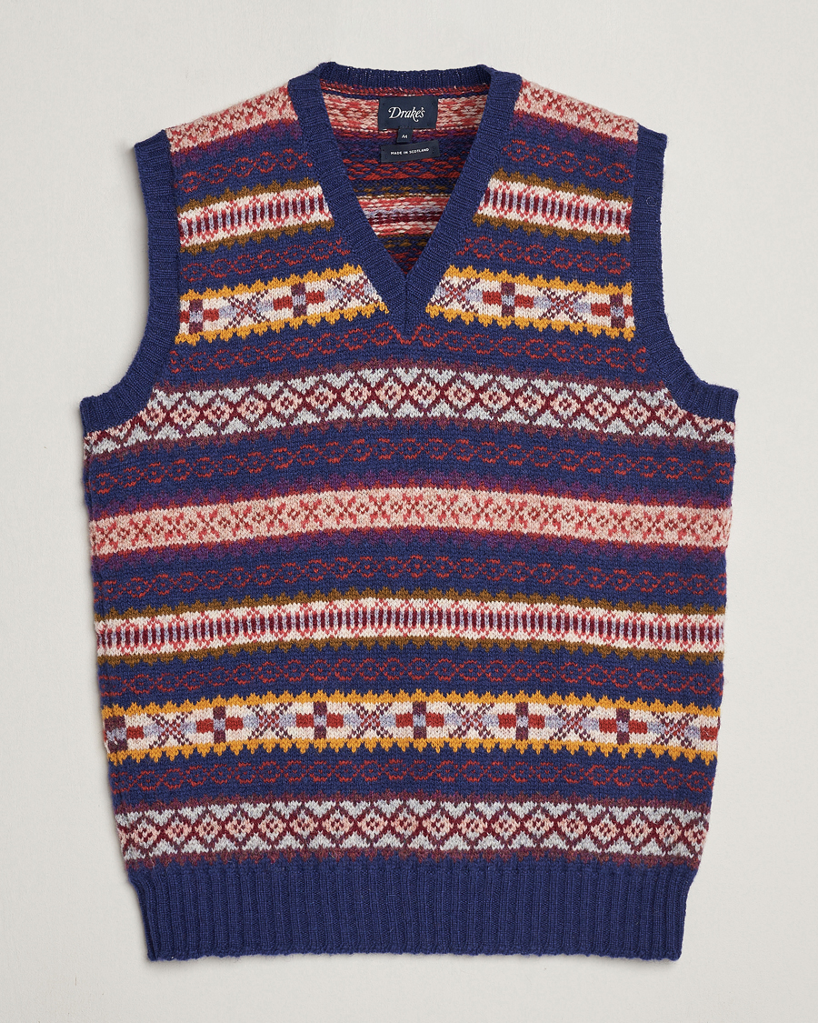 Herr | Tröjor | Drake's | Fairisle Print Wool Vest Navy
