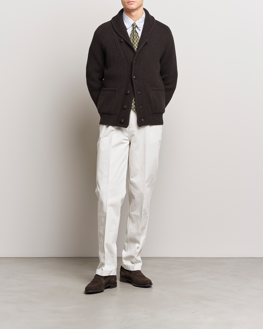 Herr | Tröjor | Drake's | Lambswool 6-Ply Shawl Collar Cardigan Brown