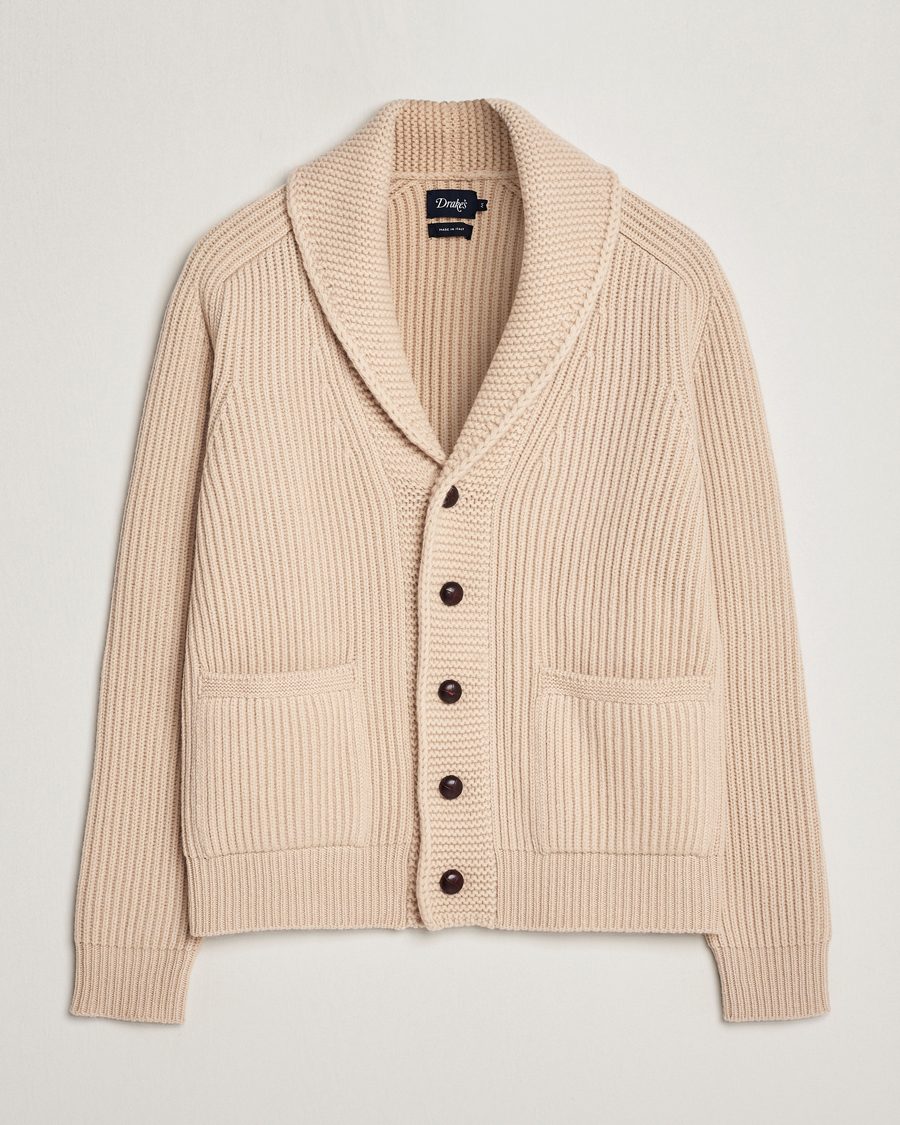 Herr | Tröjor | Drake's | Lambswool 6-Ply Shawl Collar Cardigan Ecru