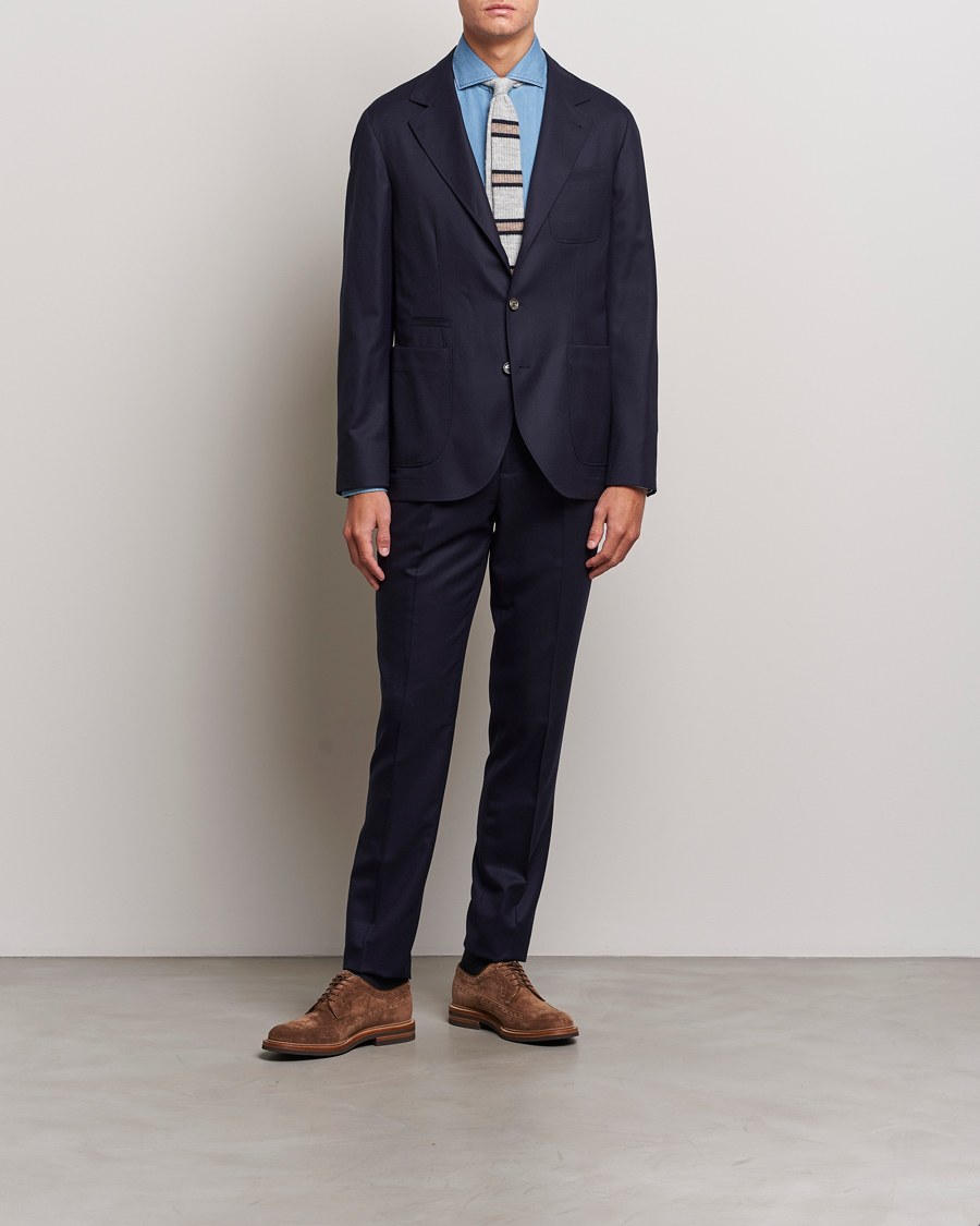 Herr | Byxor | Brunello Cucinelli | Slim Fit Pleated Flannel Trousers Navy