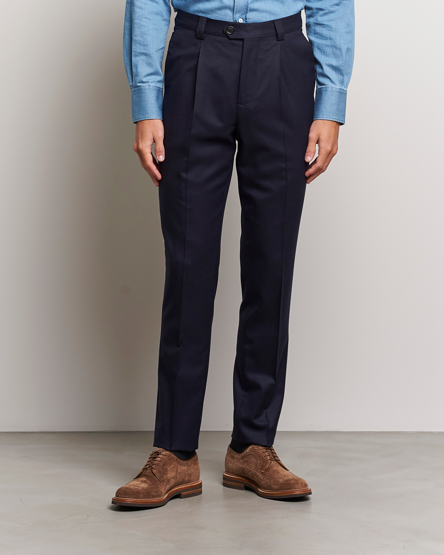 Herr | Byxor | Brunello Cucinelli | Slim Fit Pleated Flannel Trousers Navy
