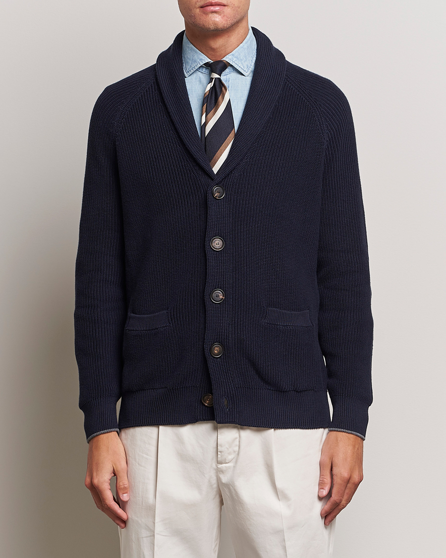 Herr | Tröjor | Brunello Cucinelli | Rib Wool Shawl Collar Cardigan Navy