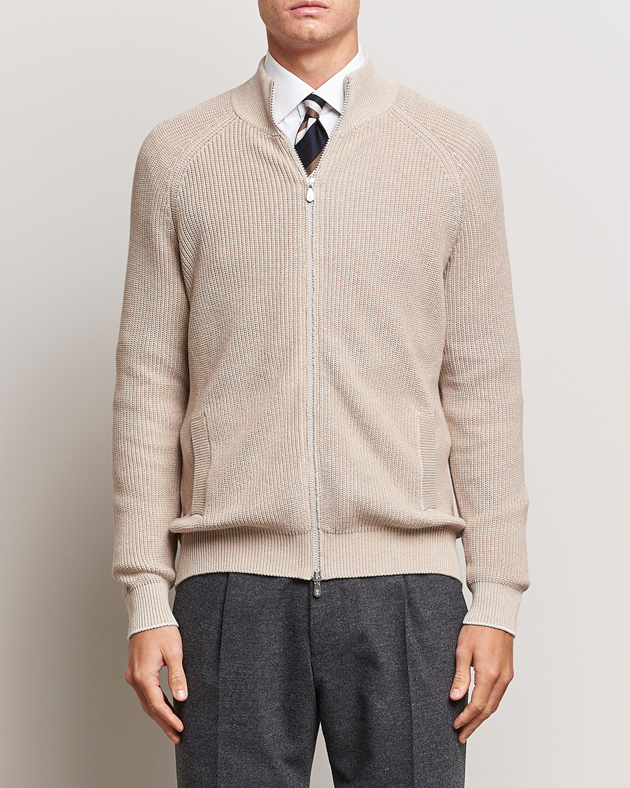 Herr | Quiet Luxury | Brunello Cucinelli | Rib Wool Zip Cardigan Light Beige