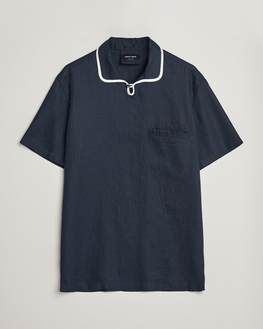 Herr | Giorgio Armani | Giorgio Armani | Linen Guru Collar Short Sleeve Shirt Navy