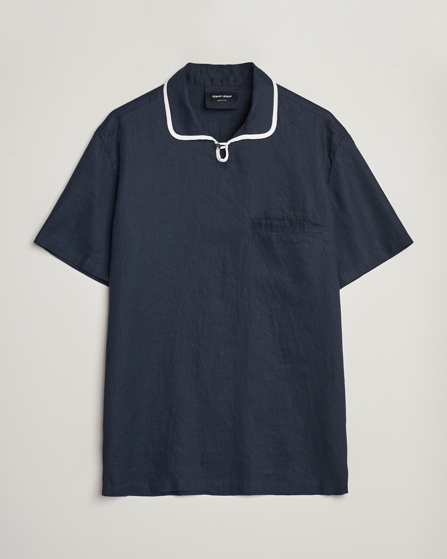 Herr | Skjortor | Giorgio Armani | Linen Guru Collar Short Sleeve Shirt Navy