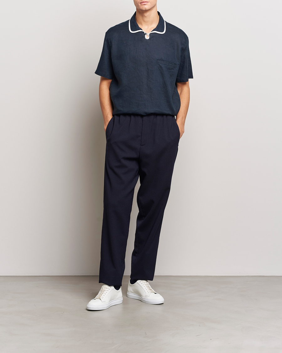 Herr | Skjortor | Giorgio Armani | Linen Guru Collar Short Sleeve Shirt Navy