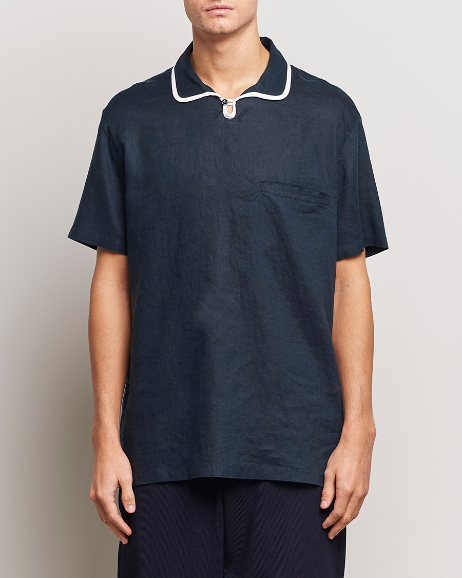 Herr | Skjortor | Giorgio Armani | Linen Guru Collar Short Sleeve Shirt Navy