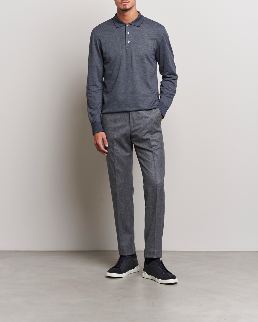 Herr | Tröjor | Zegna | Cotton/Silk Long Sleeve Polo Dark Blue