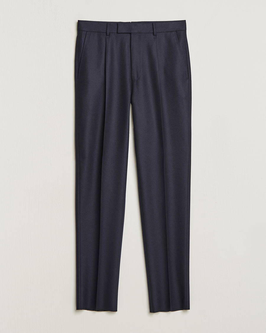 Herr | Byxor | Zegna | Pleated Flannel Trousers Navy