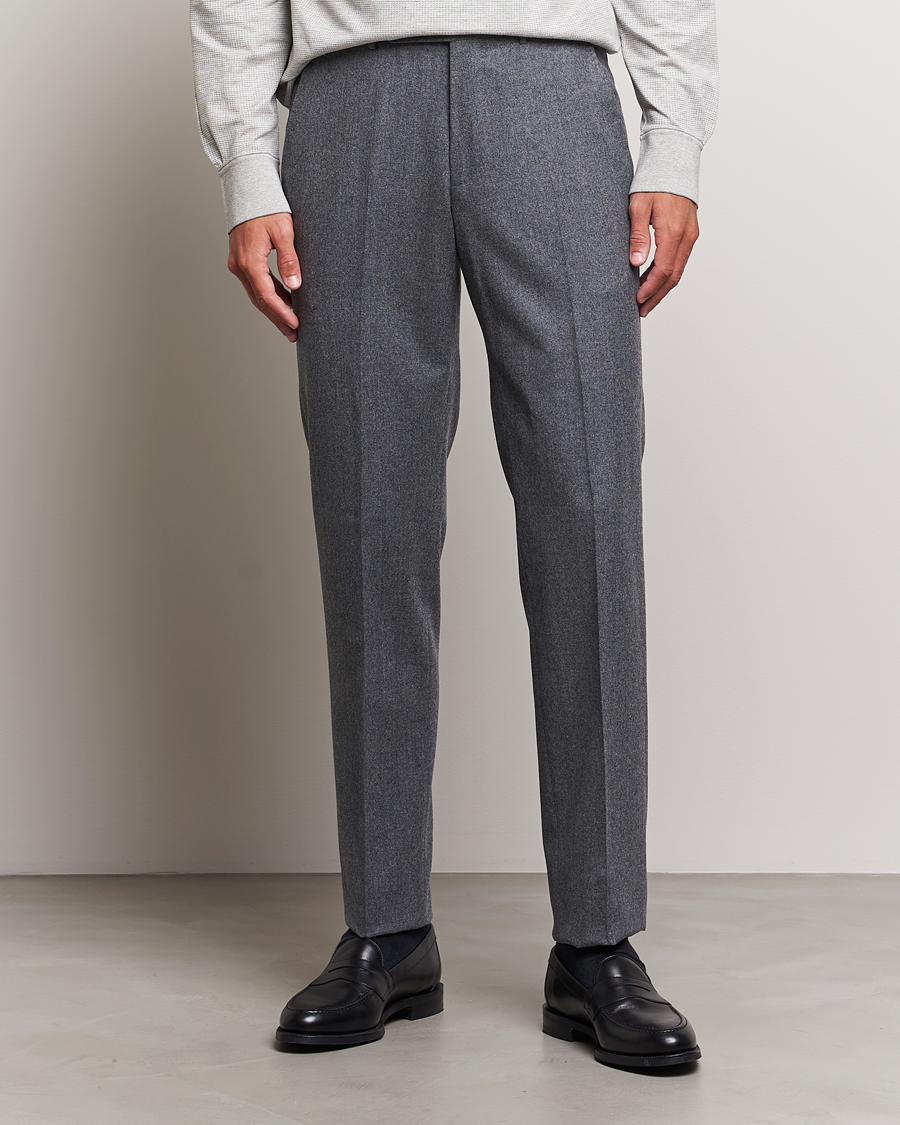 Herr | Byxor | Zegna | Carded Flannel Trousers Grey Melange