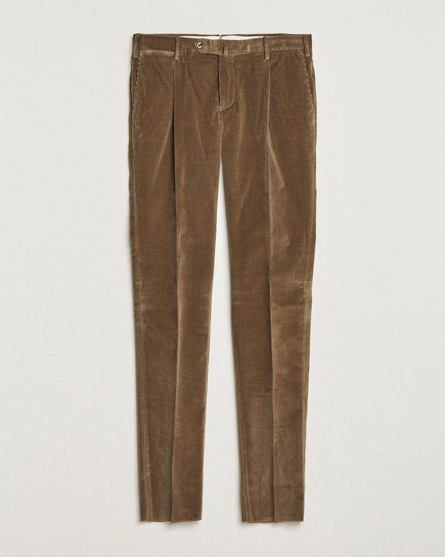 Herr | Byxor | PT01 | Slim Fit Pleated Corduroy Trousers Taupe