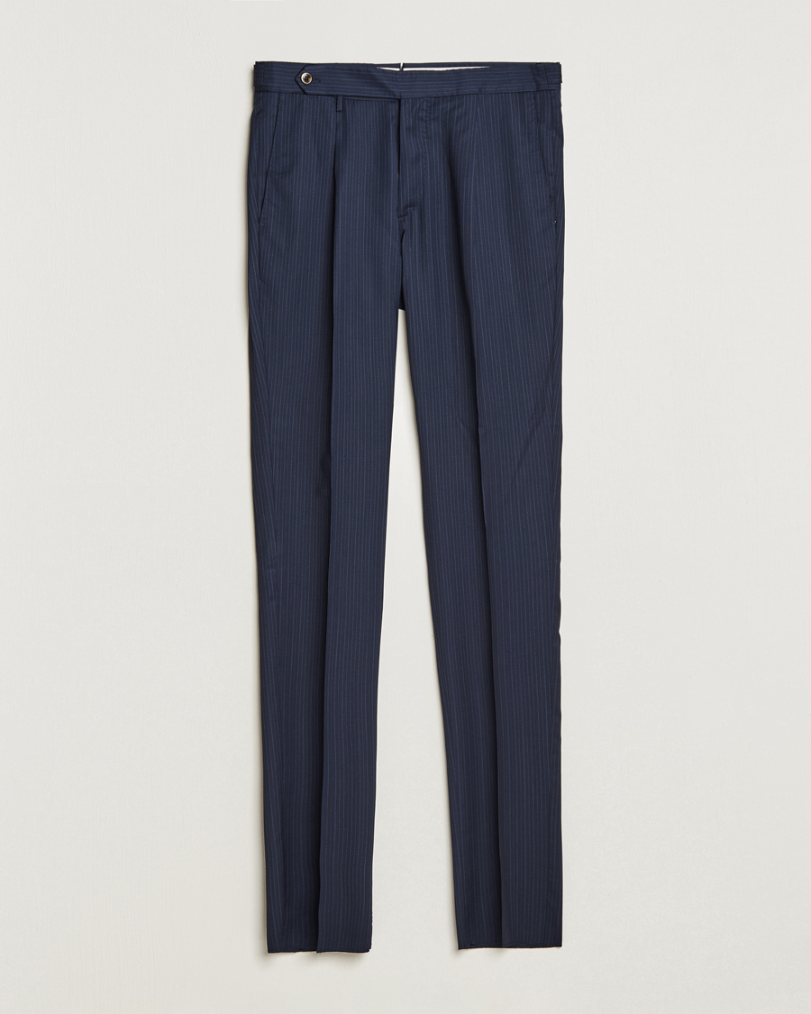 Herr | Byxor | PT01 | Slim Fit Pleated Wool Trousers Navy Pin
