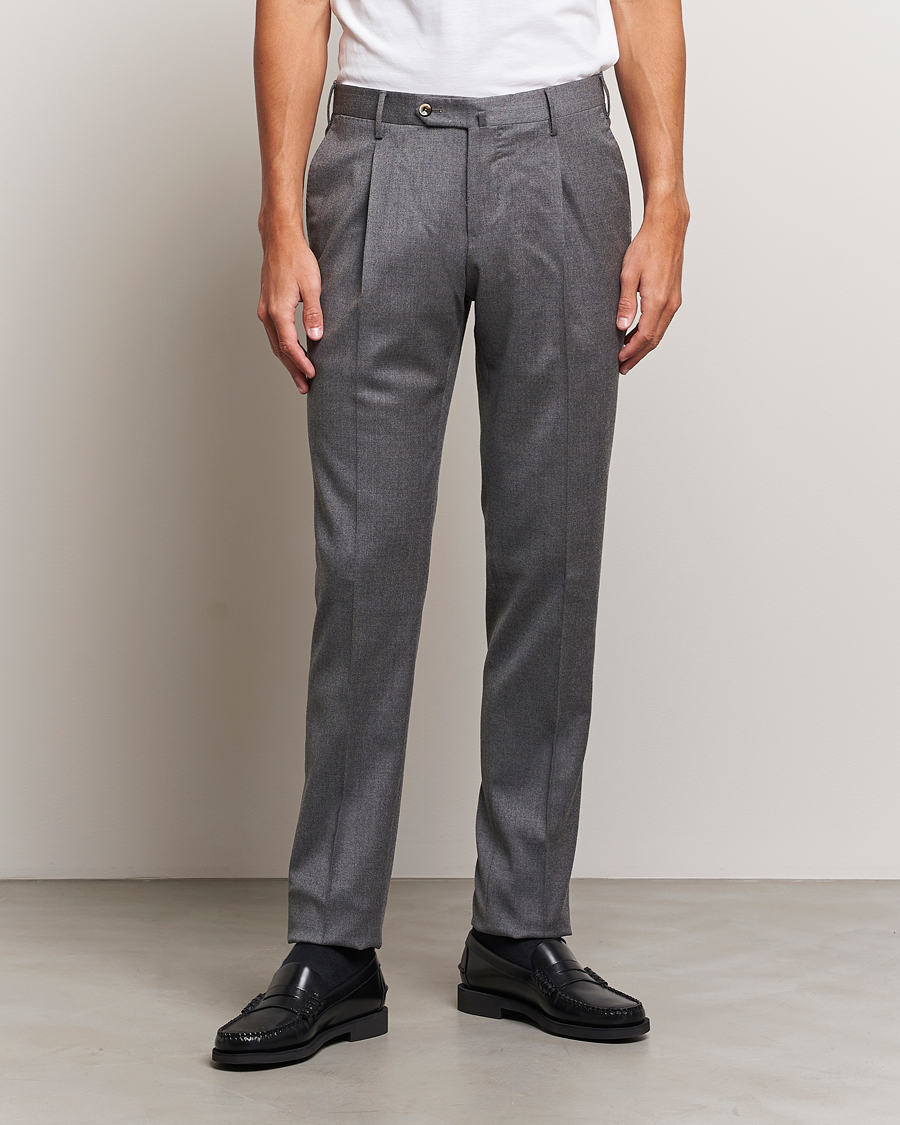 Herr |  | PT01 | Slim Fit Pleated Flannel Trousers Grey Melange