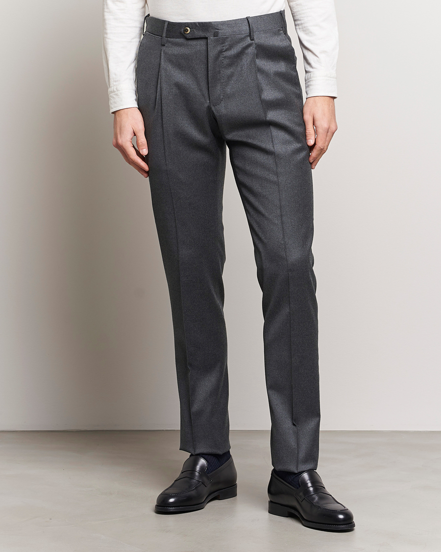 Herr | Byxor | PT01 | Slim Fit Pleated Flannel Trousers Dark Grey