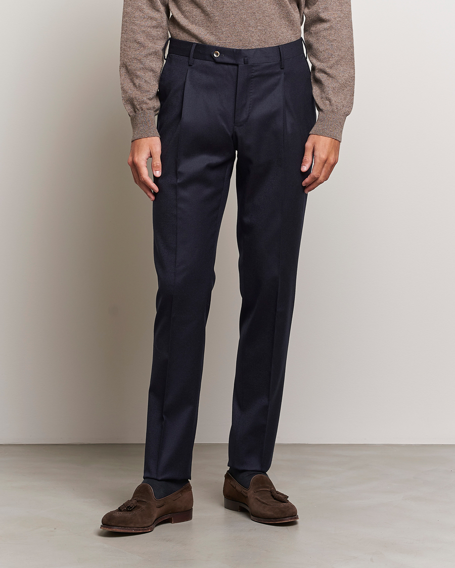 Herr | Byxor | PT01 | Slim Fit Pleated Flannel Trousers Navy