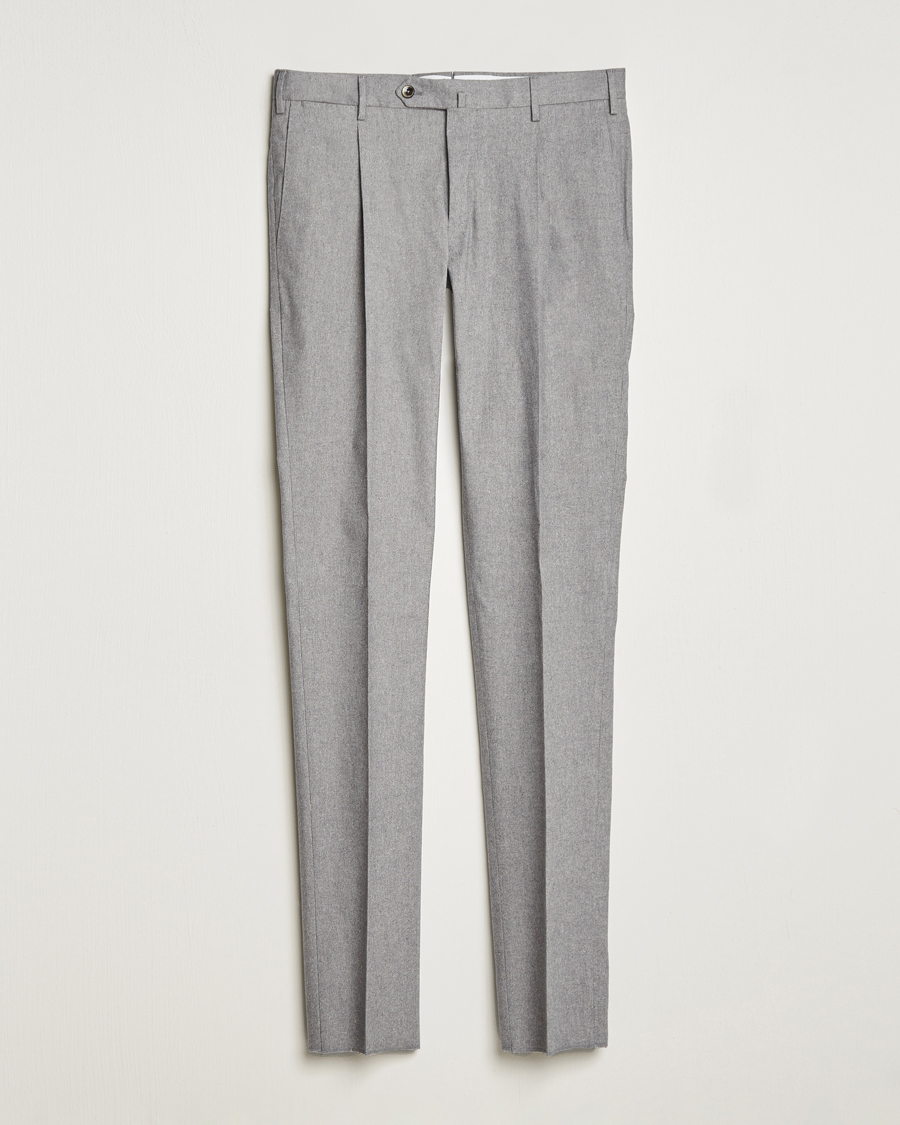 Herr | Uddabyxor | PT01 | Slim Fit Pleated Cotton Flannel Trousers Light Grey
