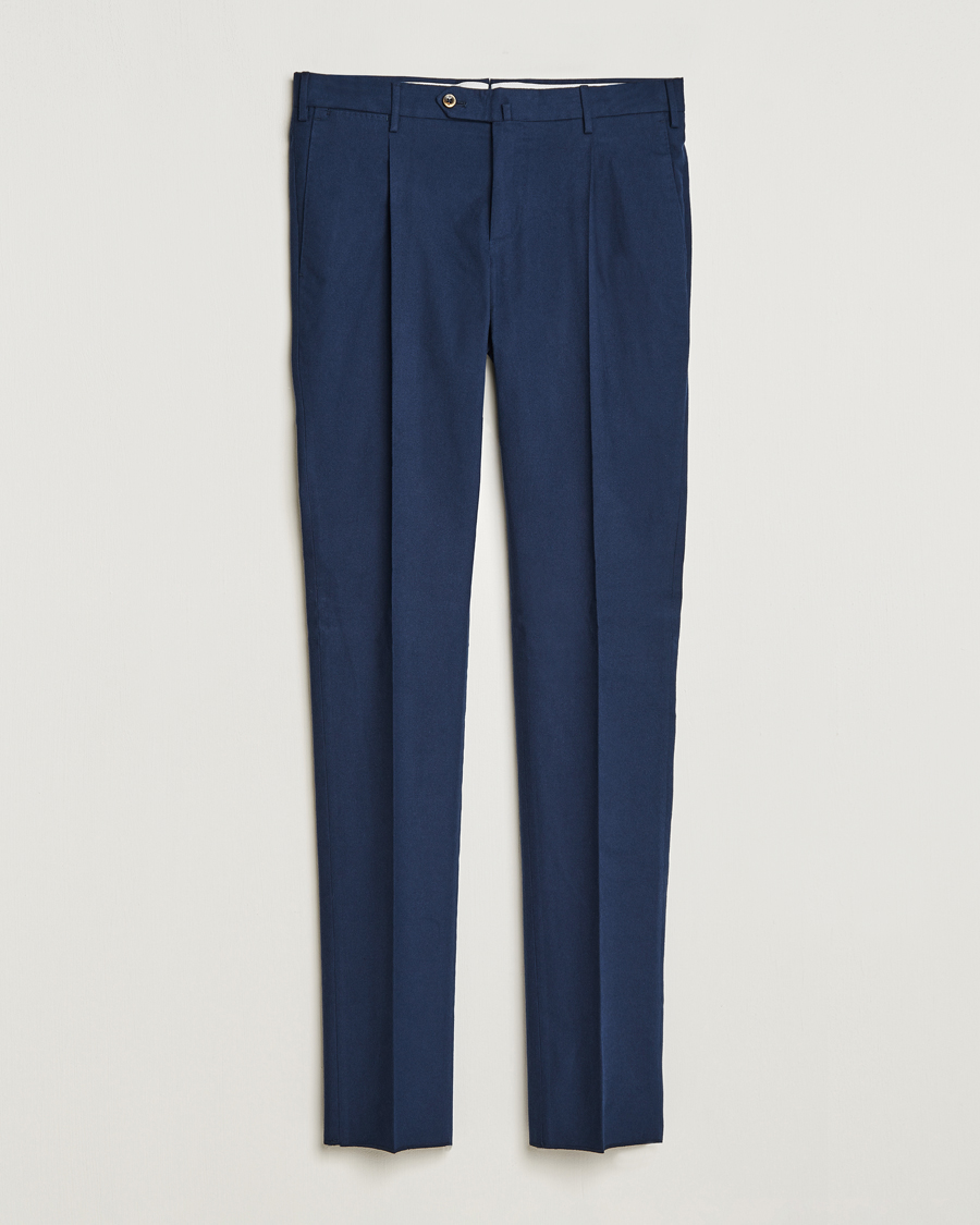 Herr | Uddabyxor | PT01 | Slim Fit Pleated Cotton Flannel Trousers Navy