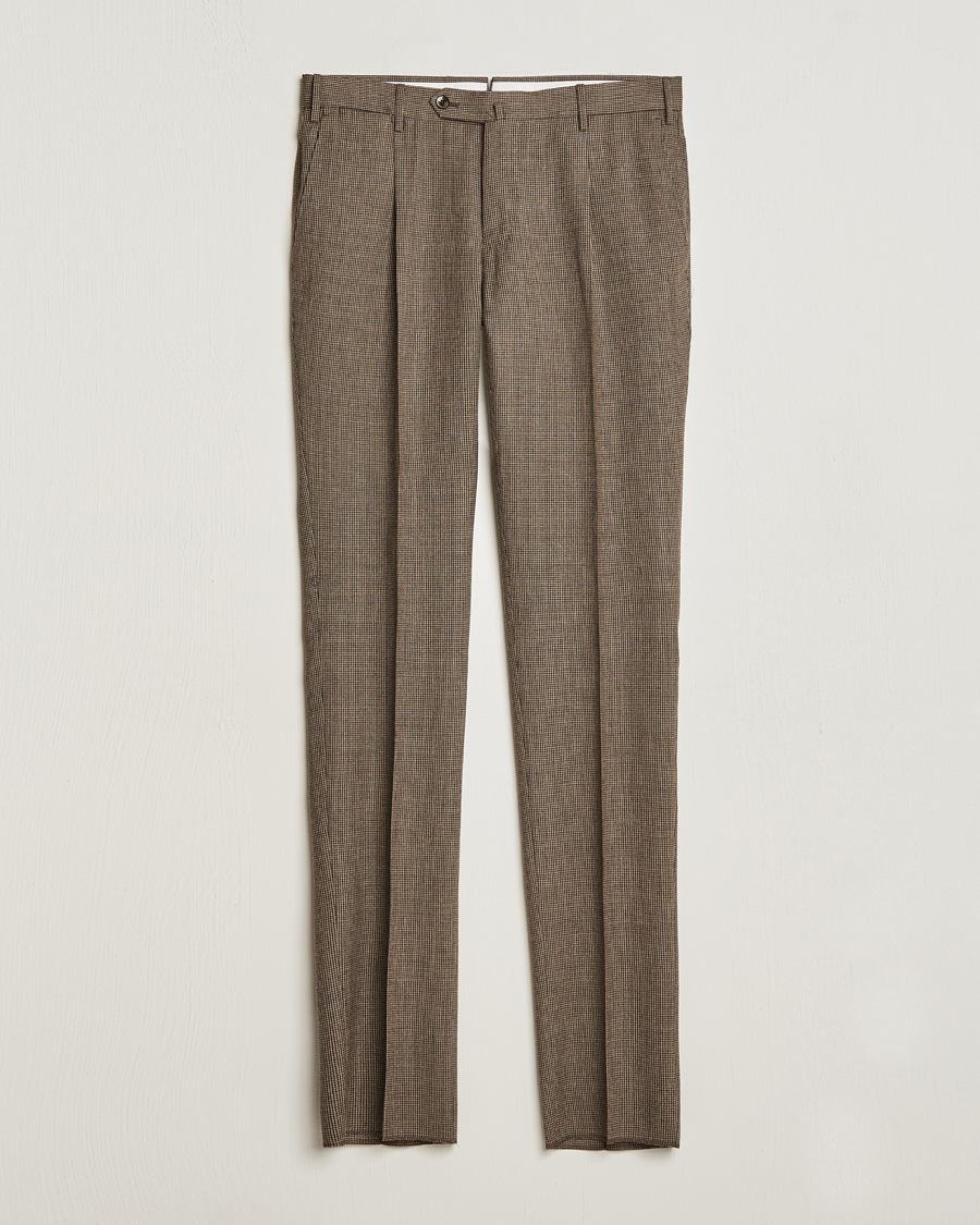 Herr | Byxor | PT01 | Slim Fit Pleated Houndstooth Trousers Light Brown