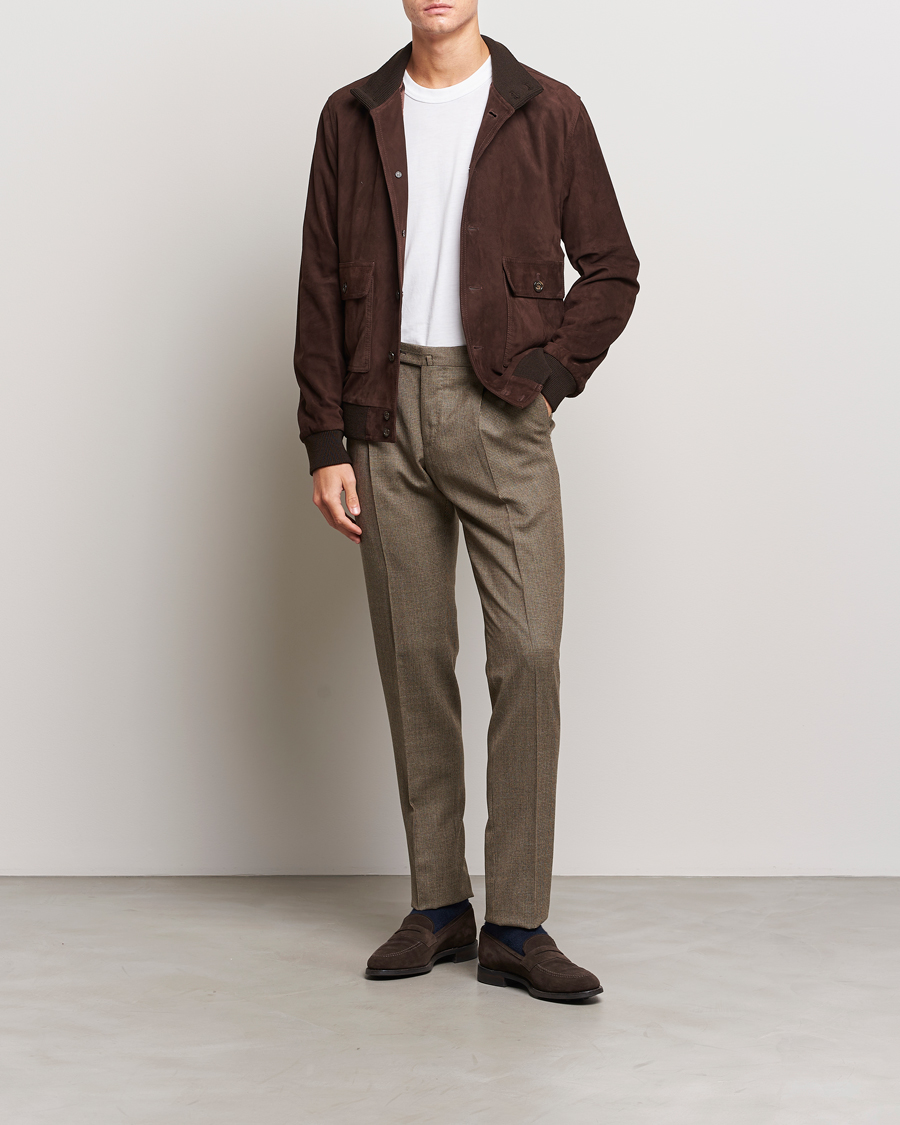 Herr | Byxor | PT01 | Slim Fit Pleated Houndstooth Trousers Light Brown