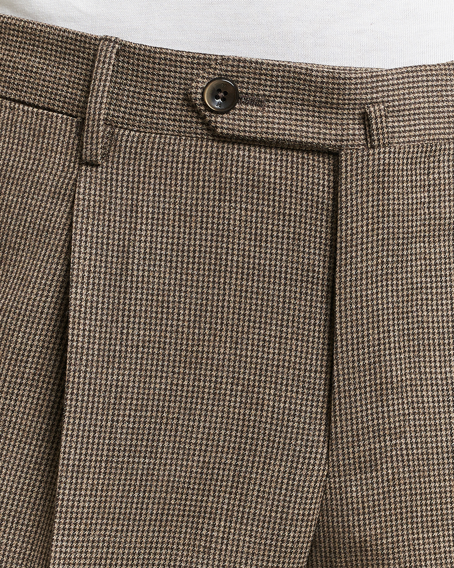 Herr | Byxor | PT01 | Slim Fit Pleated Houndstooth Trousers Light Brown
