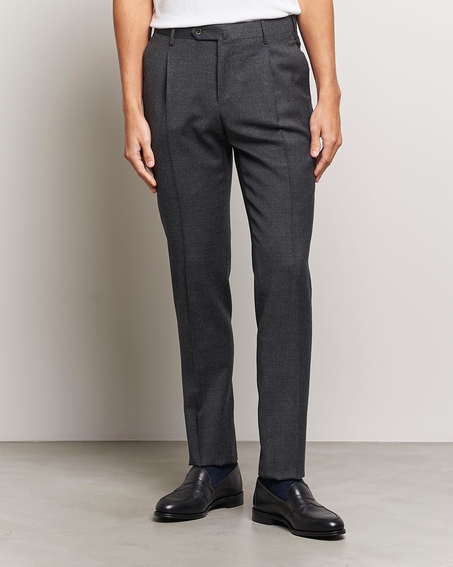 Herr | Flanellbyxor | PT01 | Slim Fit Pleated Houndstooth Trousers Medium Grey