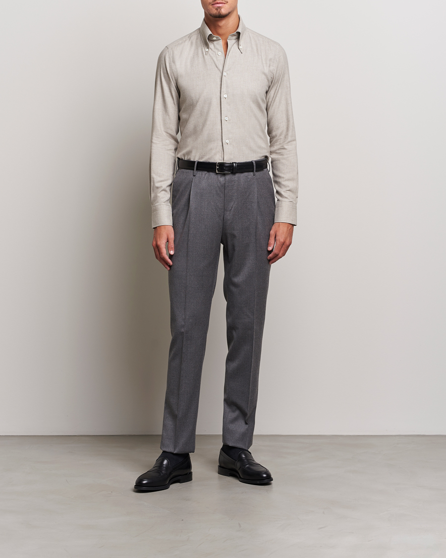 Herr | Skjortor | 100Hands | Cotton/Cashmere Button Down Flannel Shirt Taupe