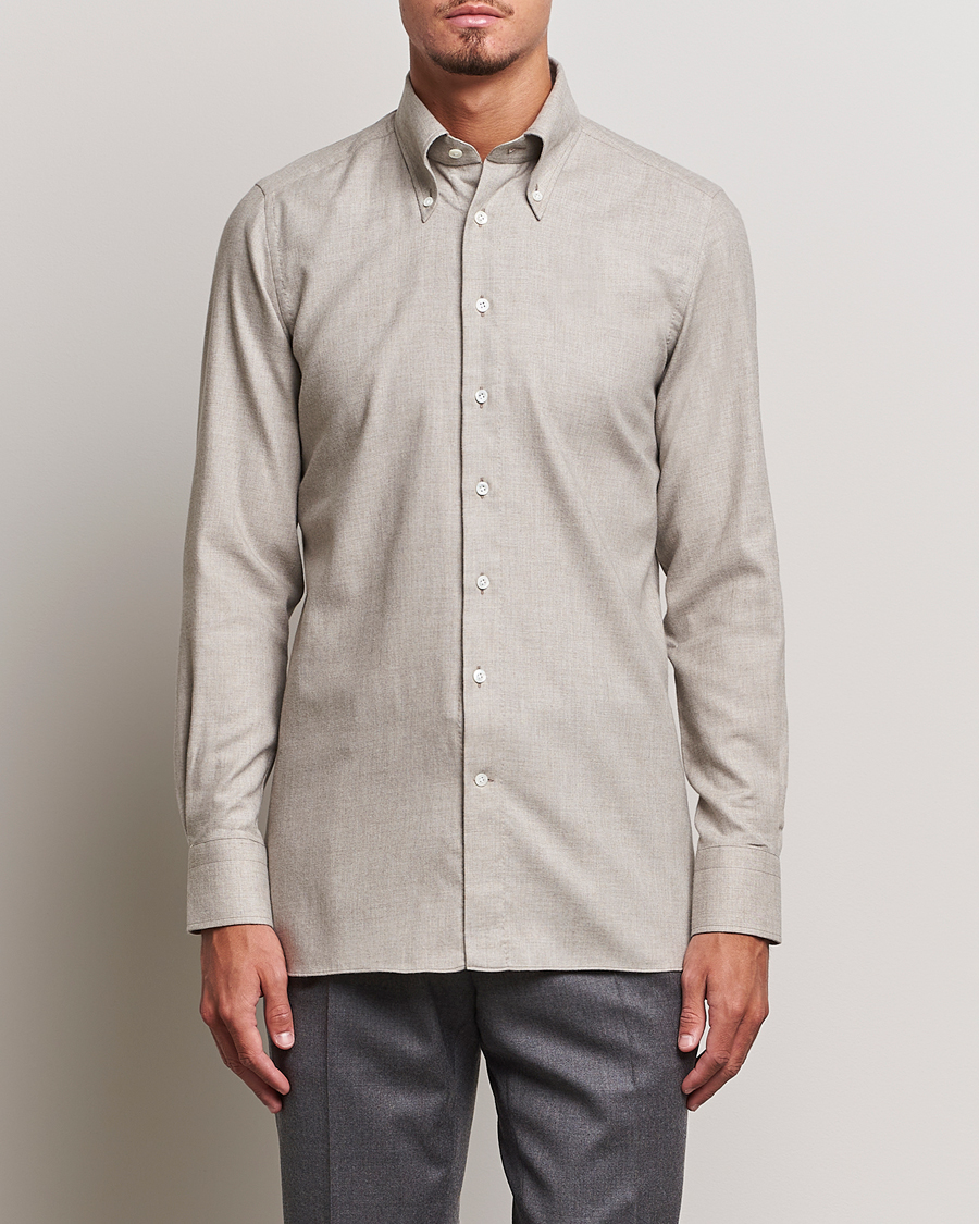 Herr | Flanellskjortor | 100Hands | Cotton/Cashmere Button Down Flannel Shirt Taupe