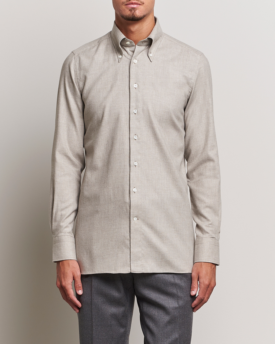 Herr | Skjortor | 100Hands | Cotton/Cashmere Button Down Flannel Shirt Taupe