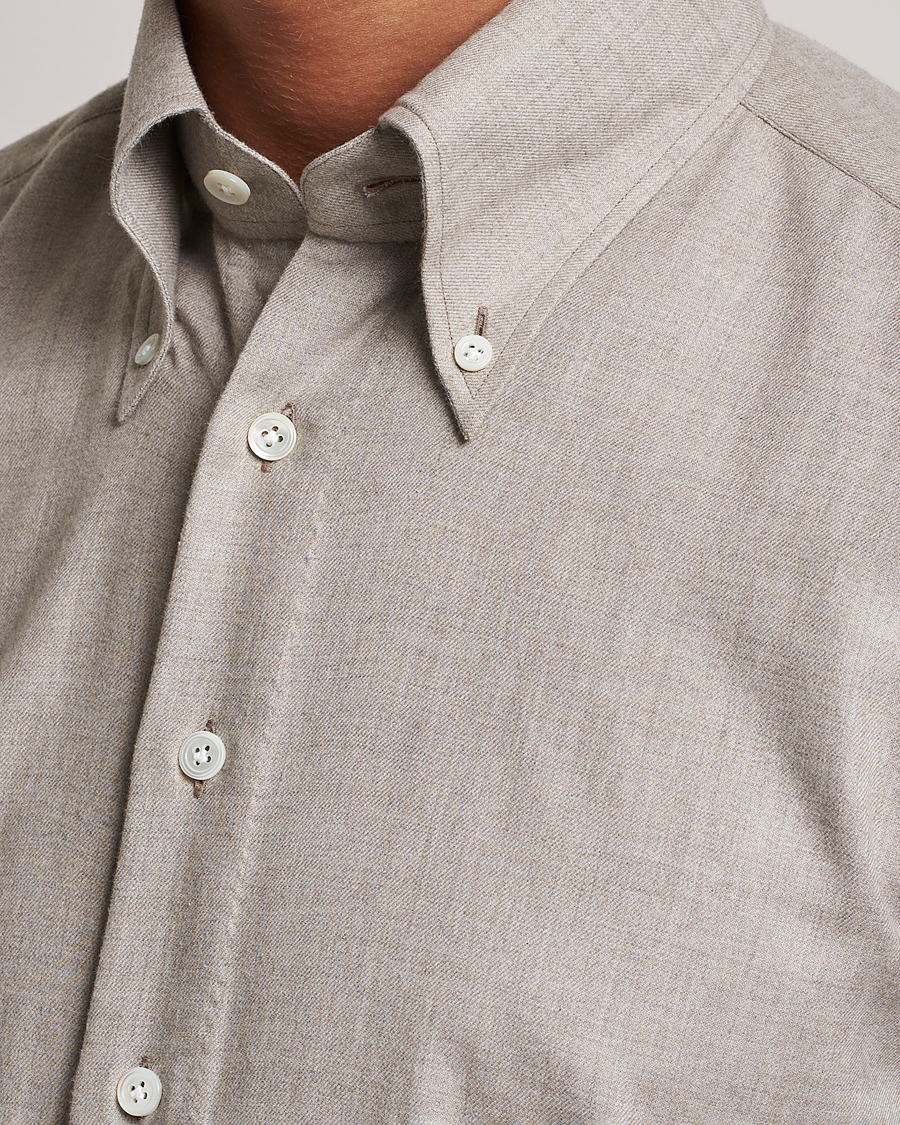 Herr | Skjortor | 100Hands | Cotton/Cashmere Button Down Flannel Shirt Taupe