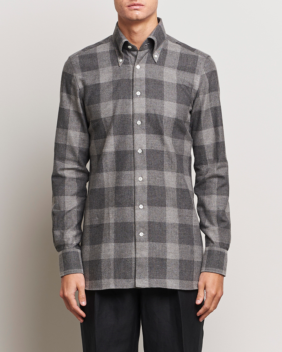 Herr | Avdelningar | 100Hands | Large Checked Yak Wool Flannel Shirt Grey