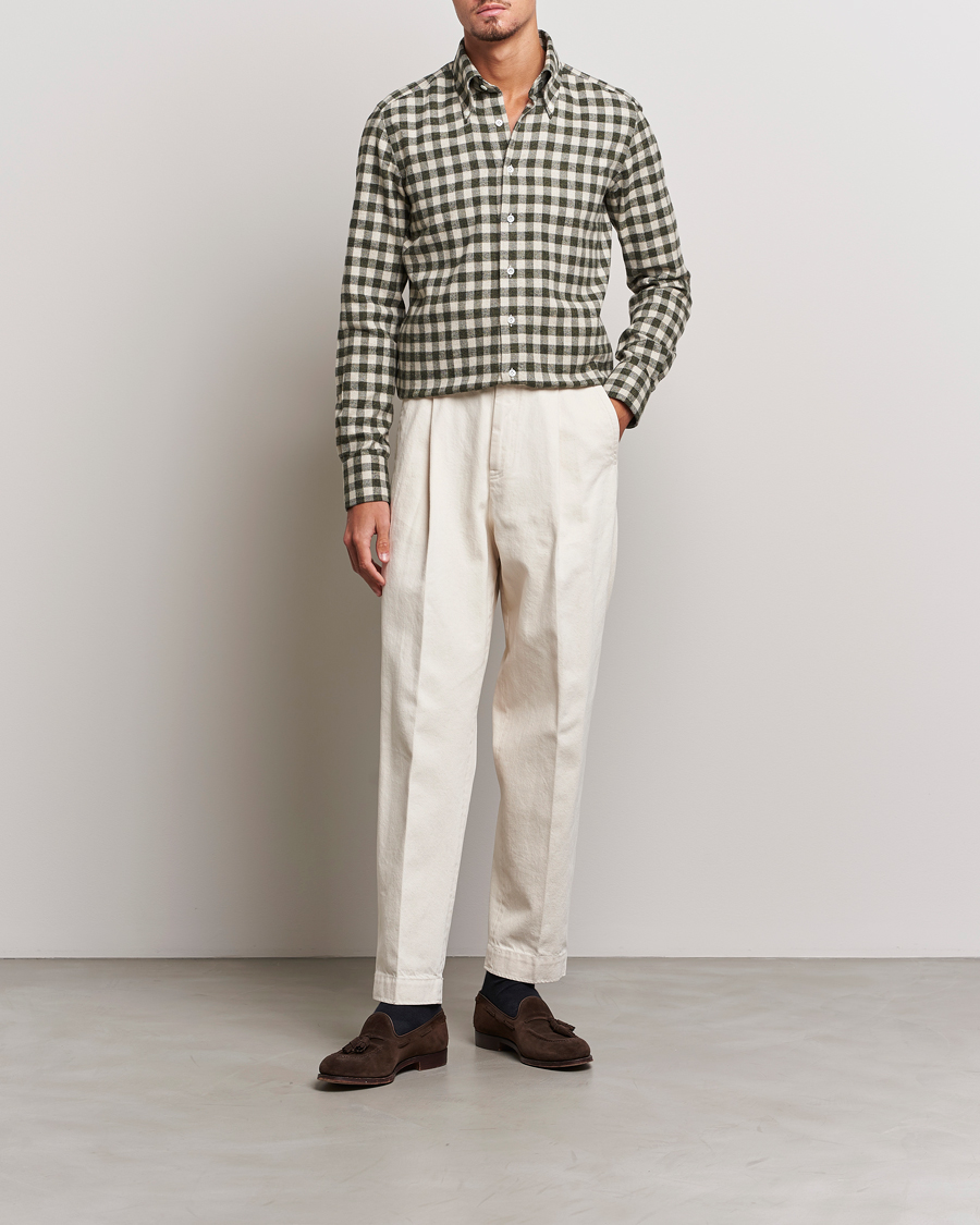 Herr | Skjortor | 100Hands | Checked Cotton Flannel Shirt Green Grey