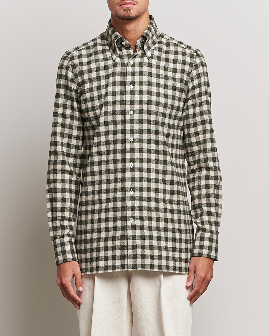 Herr | Skjortor | 100Hands | Checked Cotton Flannel Shirt Green Grey