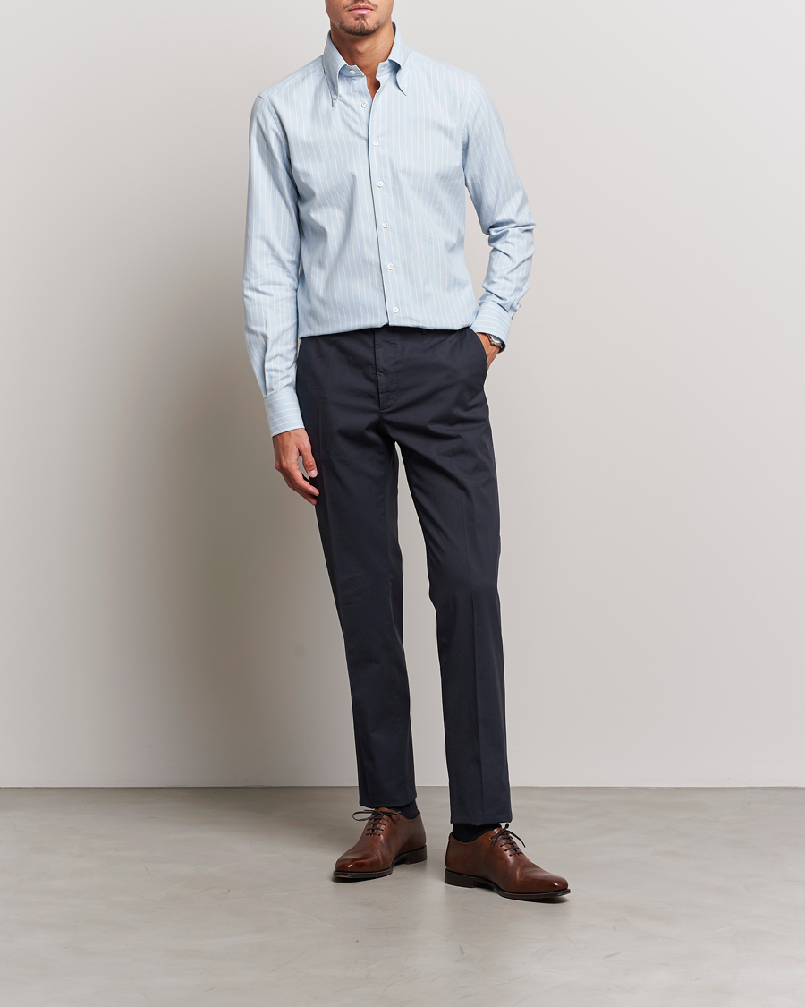 Herr | Skjortor | 100Hands | Striped Cotton Flannel Shirt Light Blue