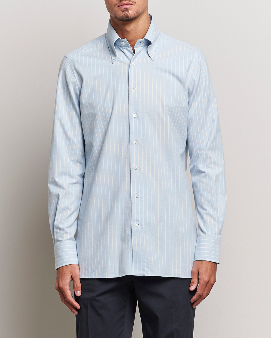 Herr | Skjortor | 100Hands | Striped Cotton Flannel Shirt Light Blue
