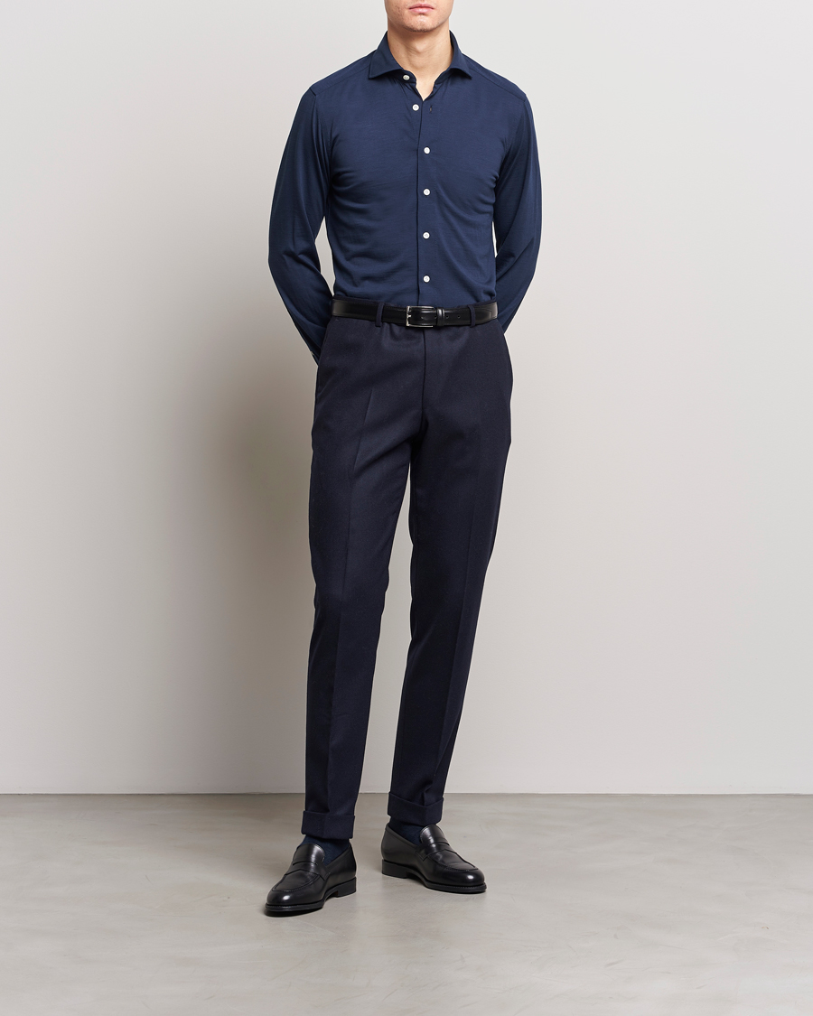Herr | Skjortor | 100Hands | Wool Cut Away Shirt Navy Blue