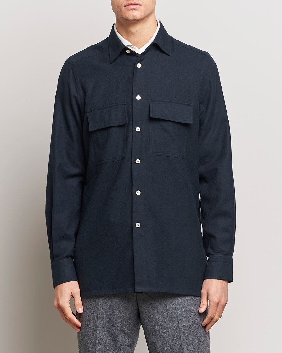 Herr | Skjortor | Kiton | Herringbone Flannel Overshirt Midnight