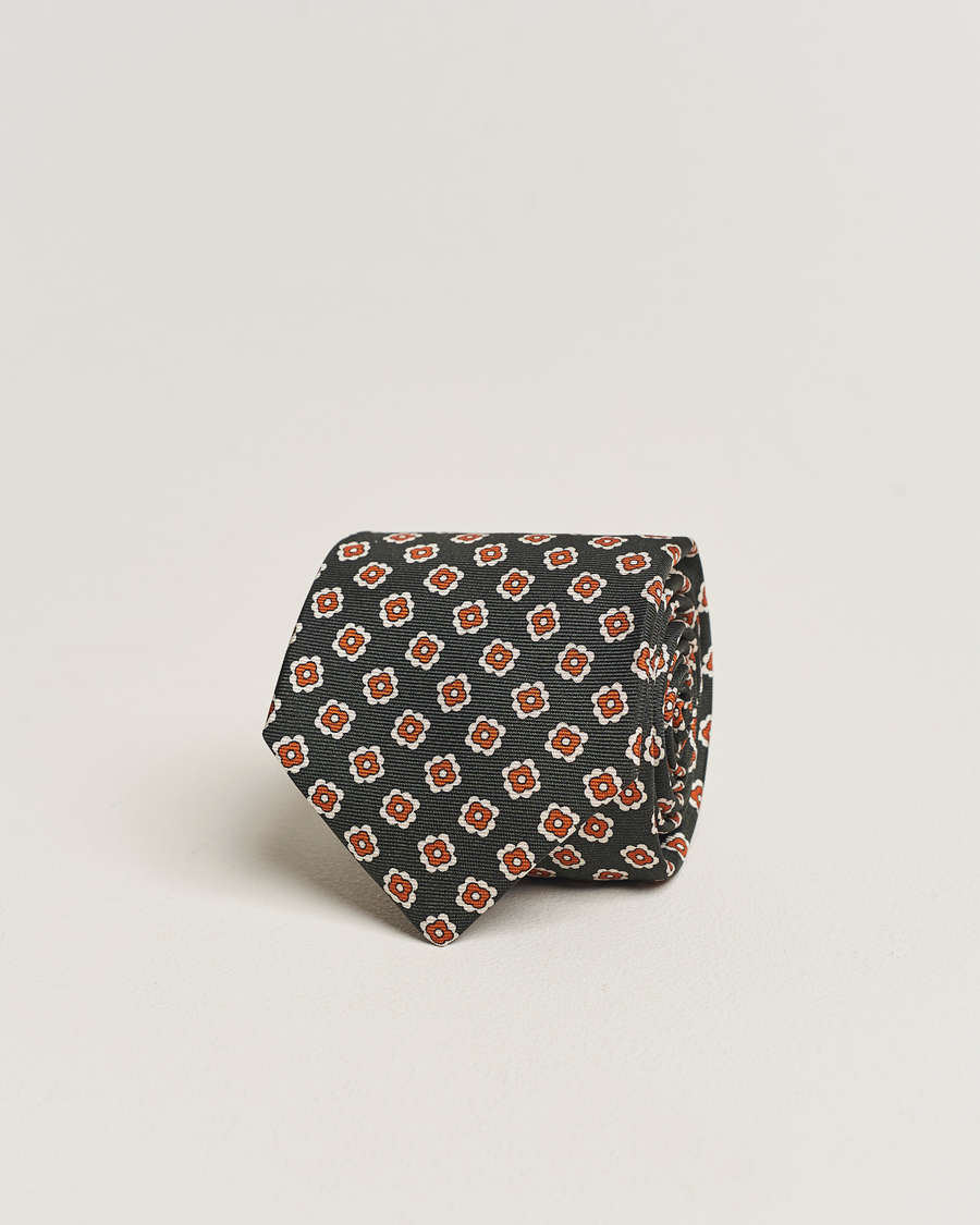 Herr | Kiton Flower Print Silk Tie Dark Green | Kiton | Flower Print Silk Tie Dark Green