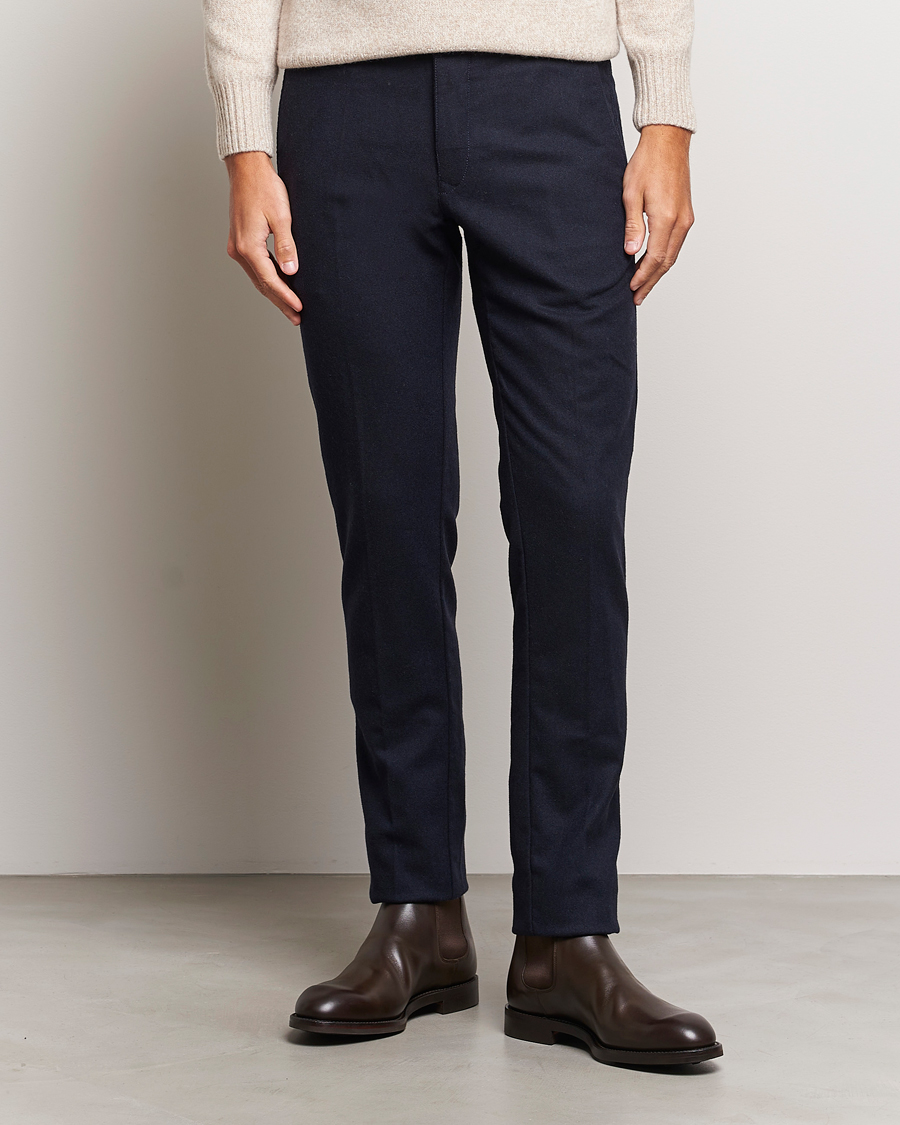 Herr | Byxor | Incotex | Slim Fit Washed Flannel Stretch Slacks Navy