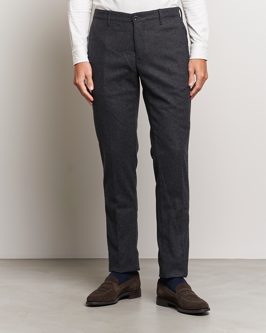 Herr | Byxor | Incotex | Slim Fit Washed Flannel Stretch Slacks Dark Grey