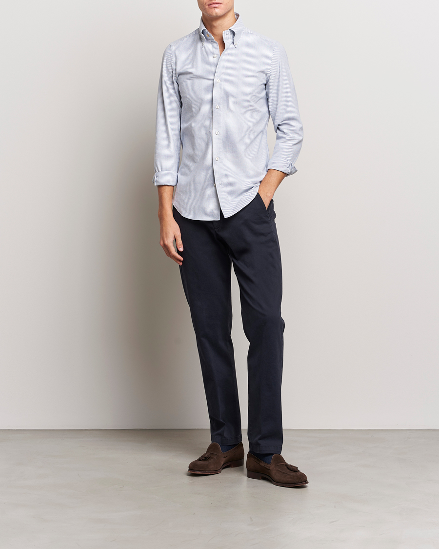 Herr | Skjortor | Finamore Napoli | Tokyo Slim Oxford Button Down Shirt Blue Stripe