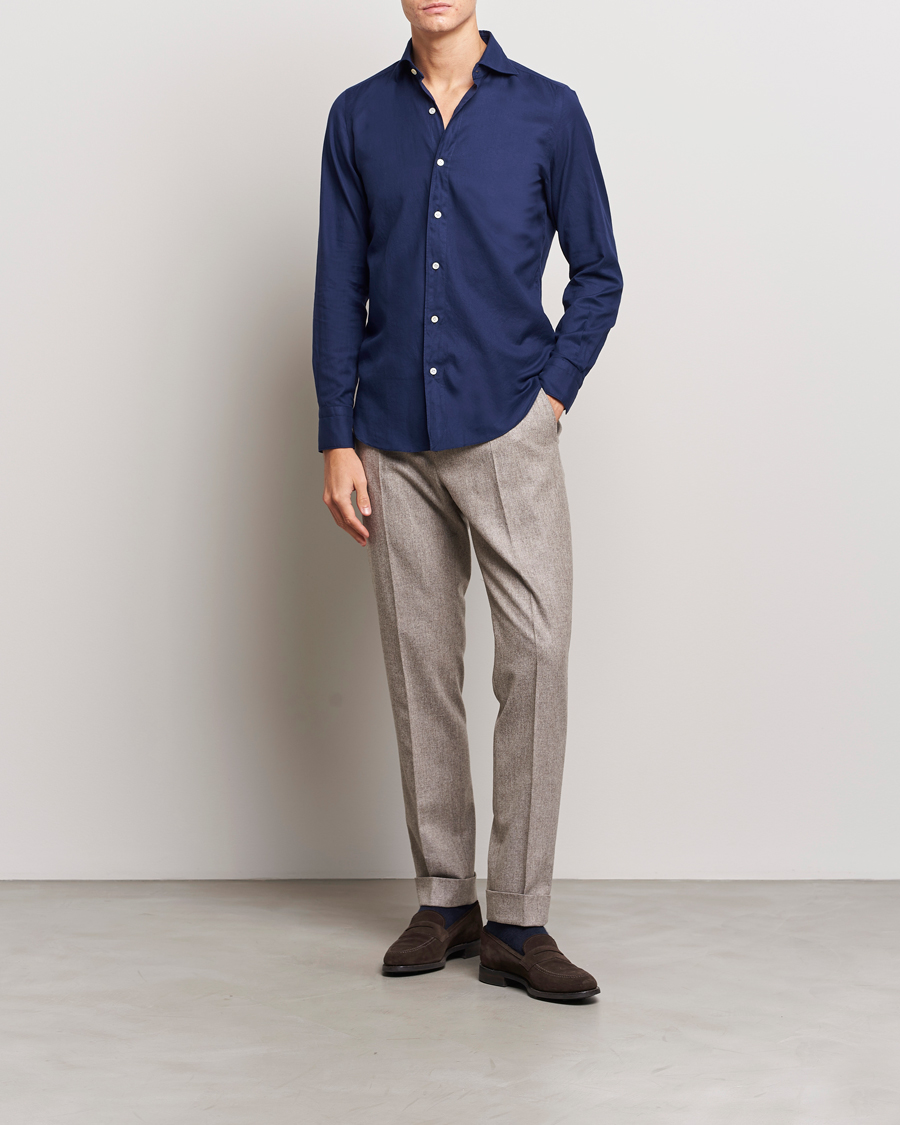 Herr | Skjortor | Finamore Napoli | Tokyo Slim Flannel Shirt Navy