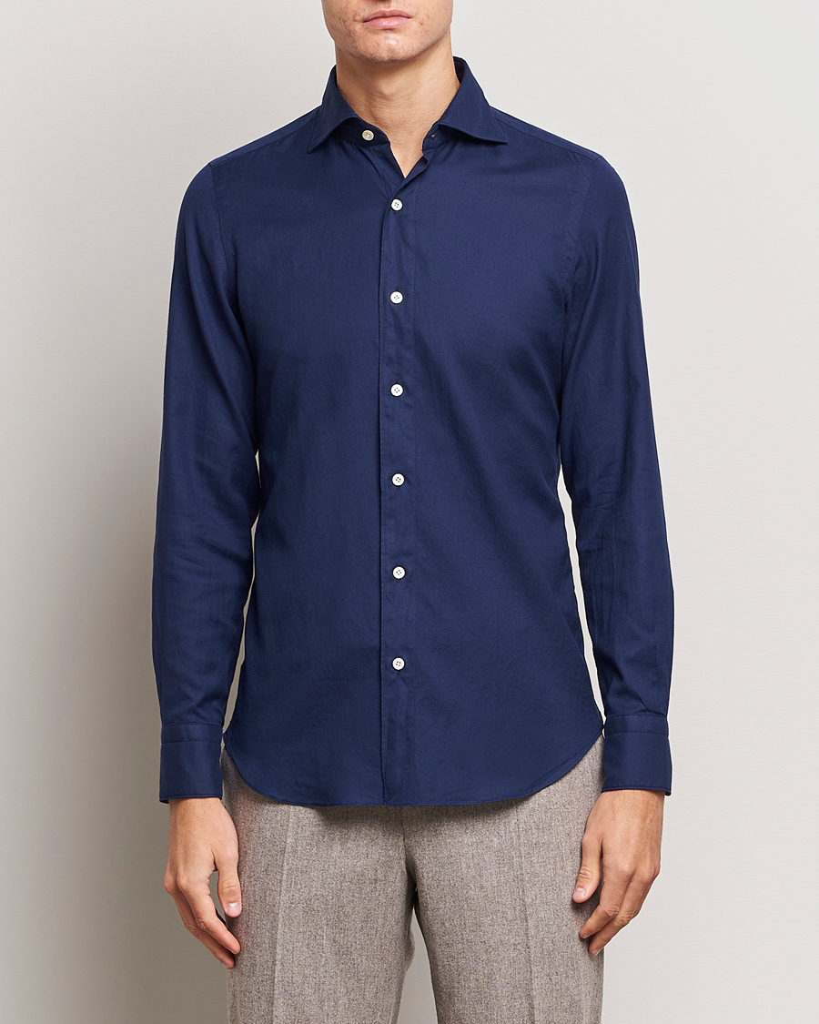 Herr | Flanellskjortor | Finamore Napoli | Tokyo Slim Flannel Shirt Navy