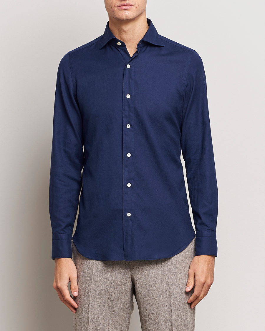 Herr | Skjortor | Finamore Napoli | Tokyo Slim Flannel Shirt Navy