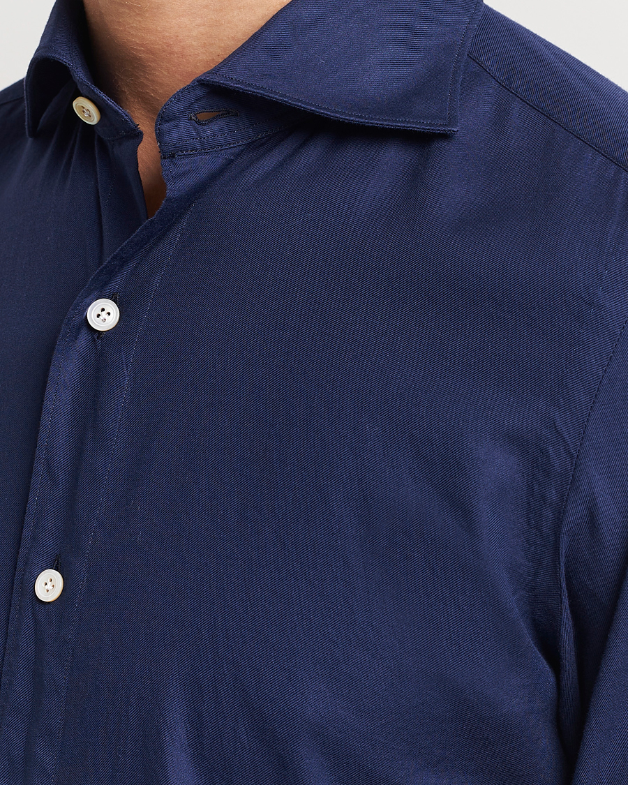 Herr | Skjortor | Finamore Napoli | Tokyo Slim Flannel Shirt Navy