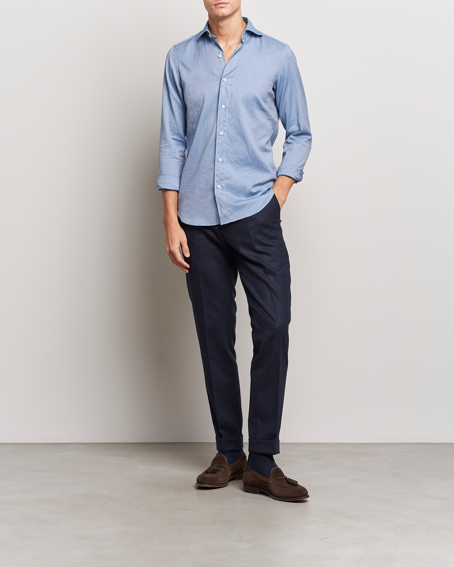 Herr | Skjortor | Finamore Napoli | Tokyo Slim Flannel Shirt Light Blue