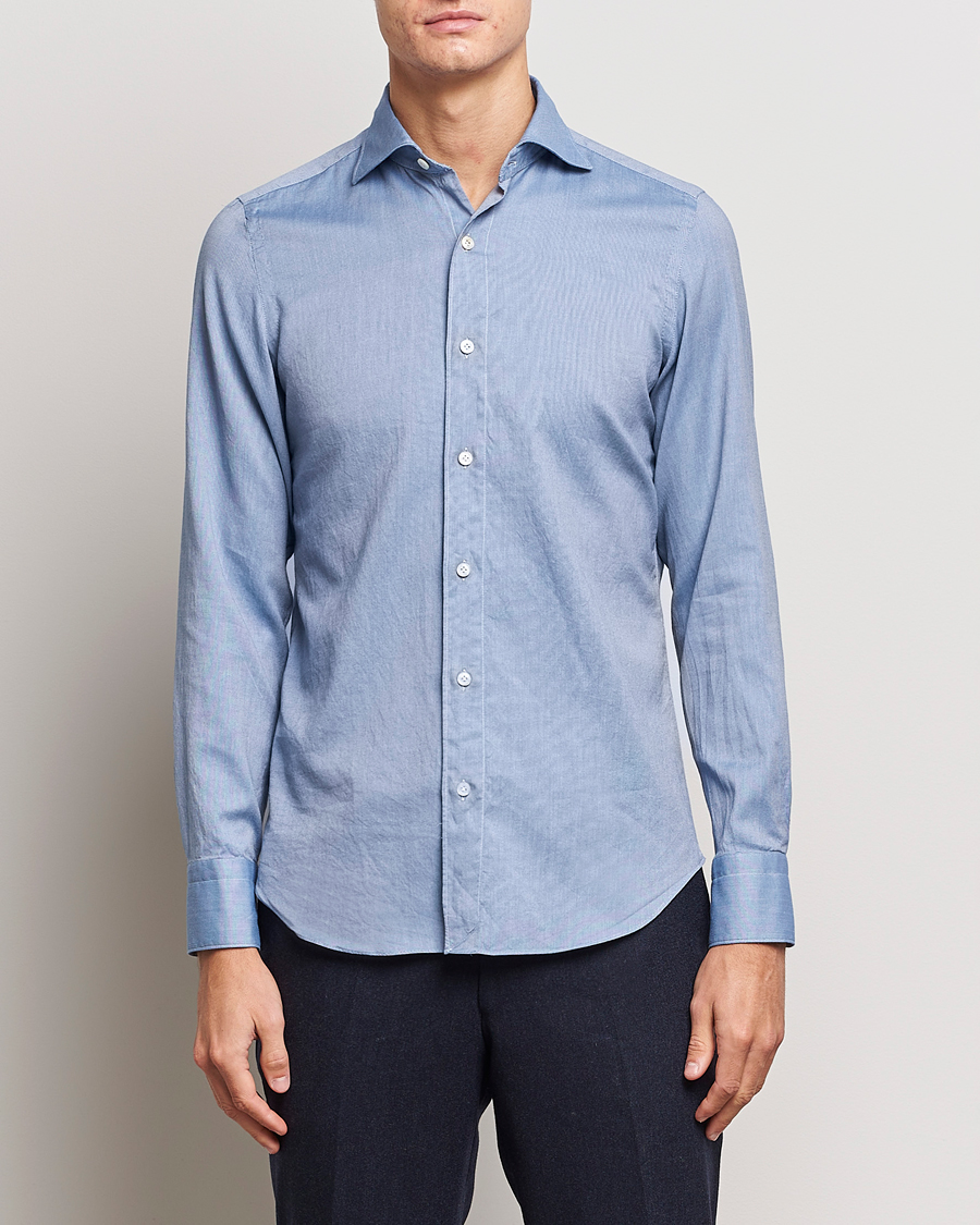Herr | Skjortor | Finamore Napoli | Tokyo Slim Flannel Shirt Light Blue