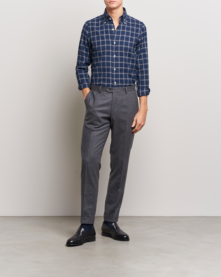 Herr | Skjortor | Finamore Napoli | Tokyo Slim Flannel Button Down Shirt Navy Check