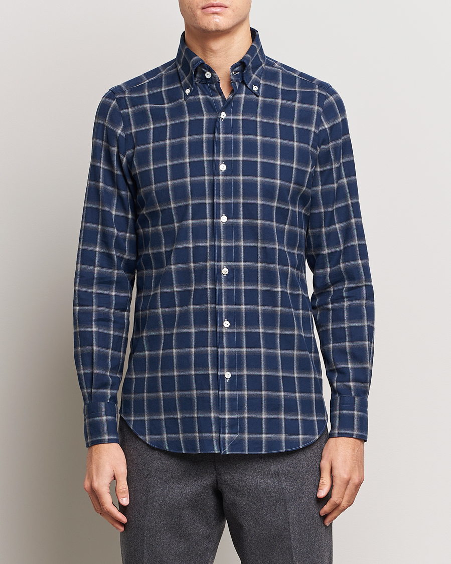 Herr | Skjortor | Finamore Napoli | Tokyo Slim Flannel Button Down Shirt Navy Check