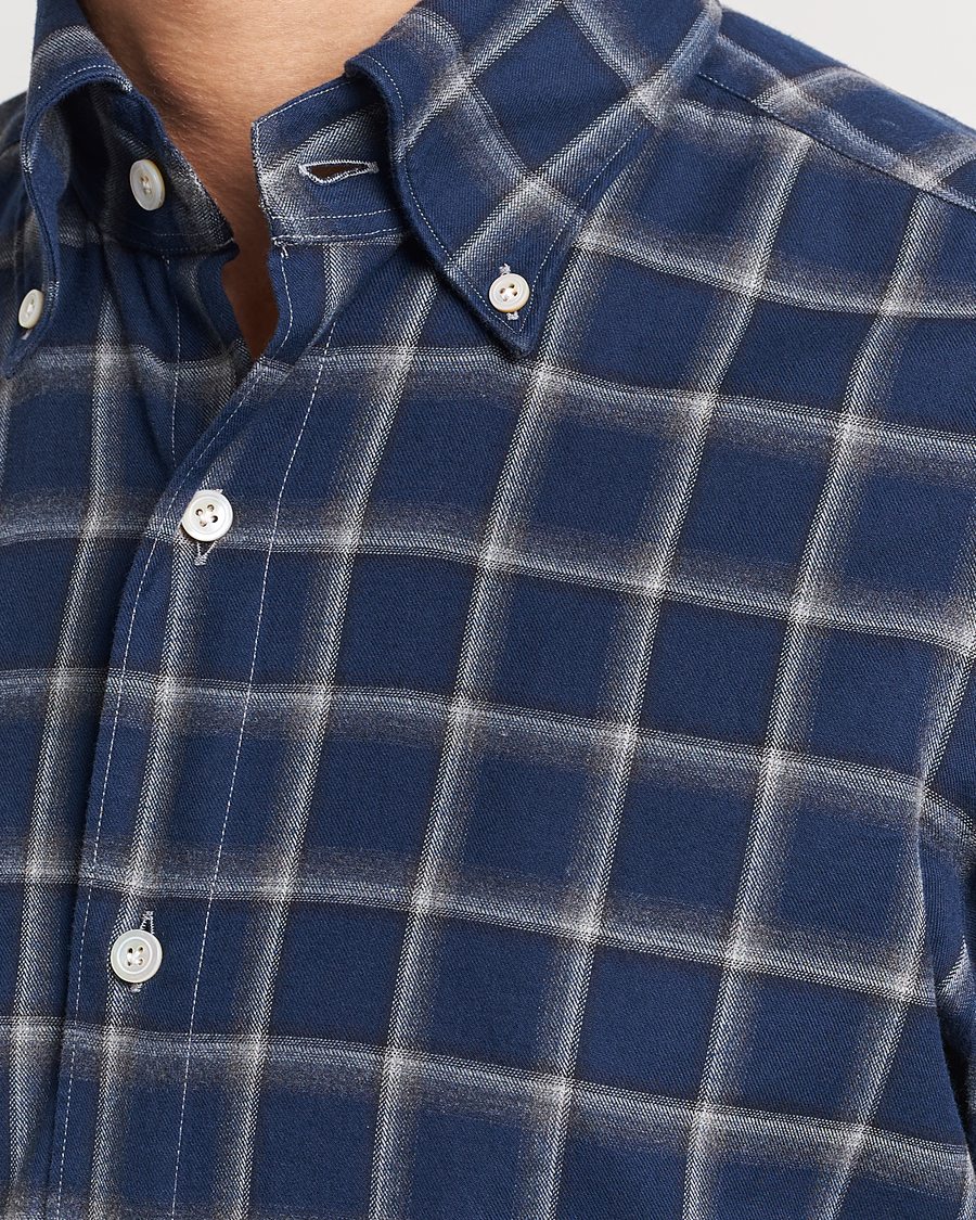 Herr | Skjortor | Finamore Napoli | Tokyo Slim Flannel Button Down Shirt Navy Check