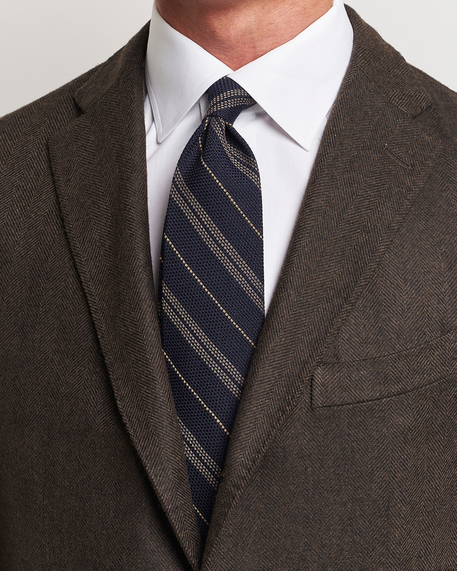 Herr | | Finamore Napoli | Regimental Grenadine Silk Tie Navy/Brown